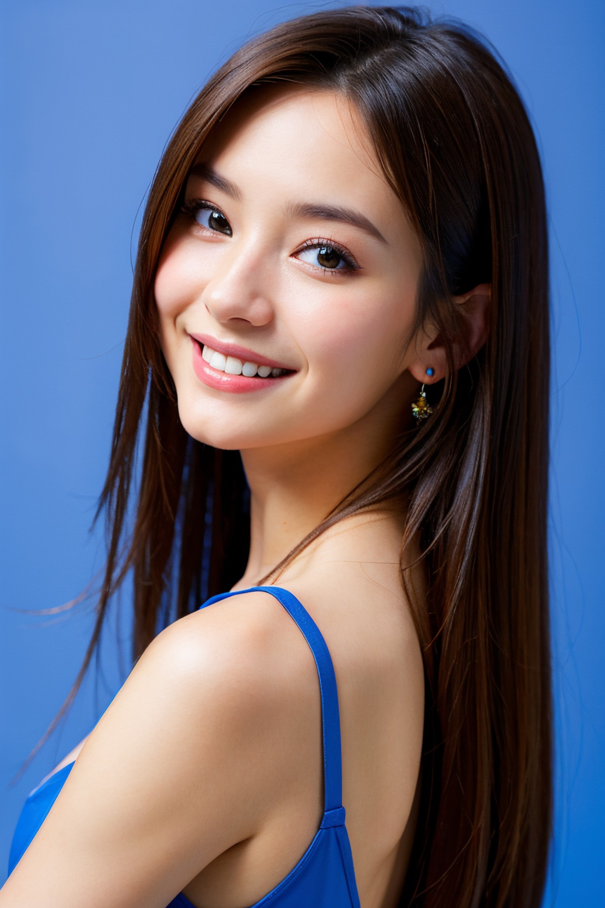 hyper realistic, masterpiece, best quality, ultra detailed, photorealistic, 1girl, smile, blue background